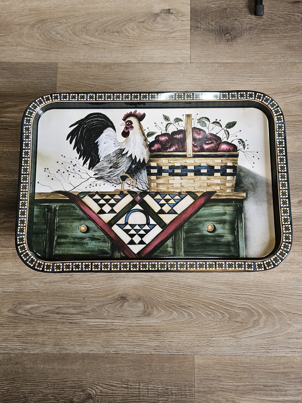 Rooster & Apple Decorative Serving Tray - Green, Red, Cream Vintage